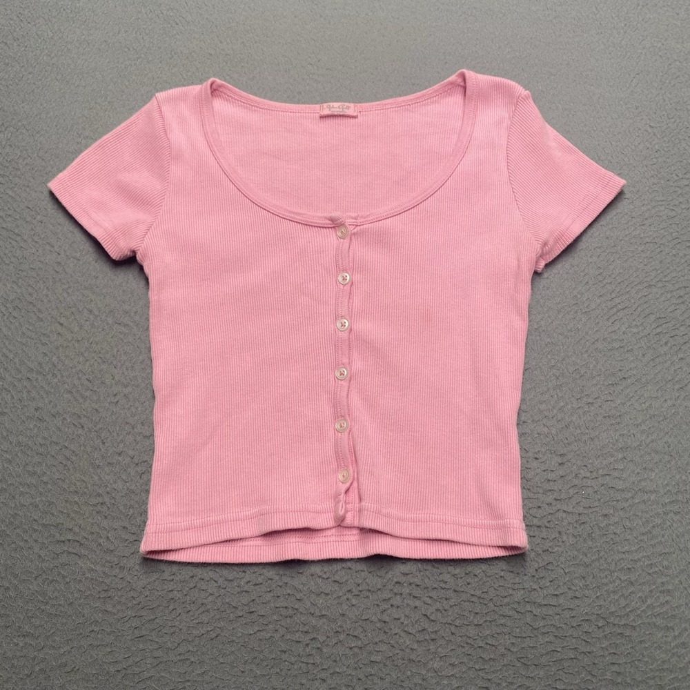 Ribbed Button Shirt Womens Small Pink Scoop Neck Cropped Short Sleeve Tee Italy